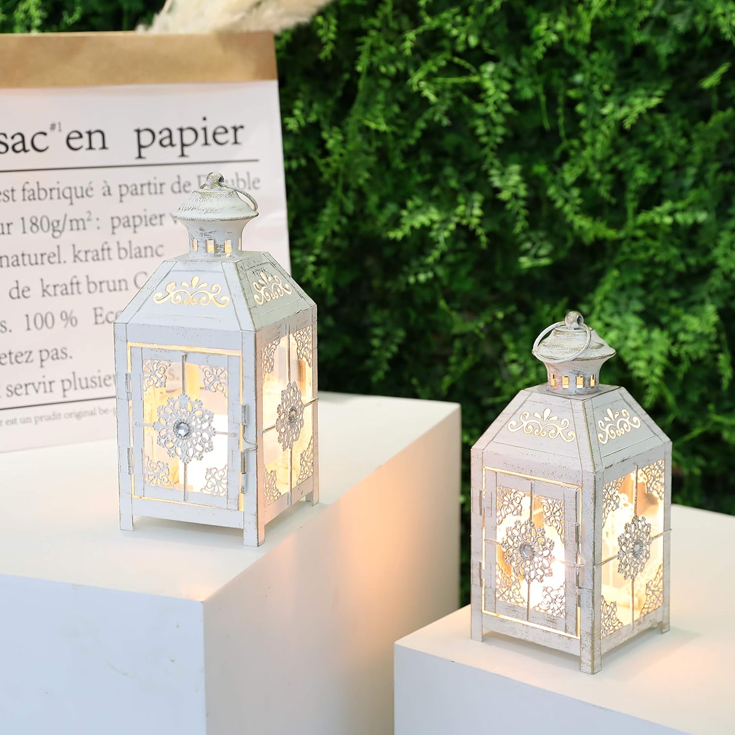 JHY DESIGN Set of 2 Decorative Candle Lantern 9.5" High Metal Candle Lantern Vintage Style Hanging Lantern for Wedding Parties Indoor Outdoor(White with Gold Brush): Kitchen & Dining