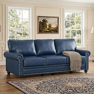 Faux Leather Sofa - Mid Century Modern Couch, 3 Seater Sofa Couch with Nailhead Trim & Rolled Armrests, Deep Seat Comfy Couches for Living Room, Bedroom, Apartment, Office(Navy Blue)