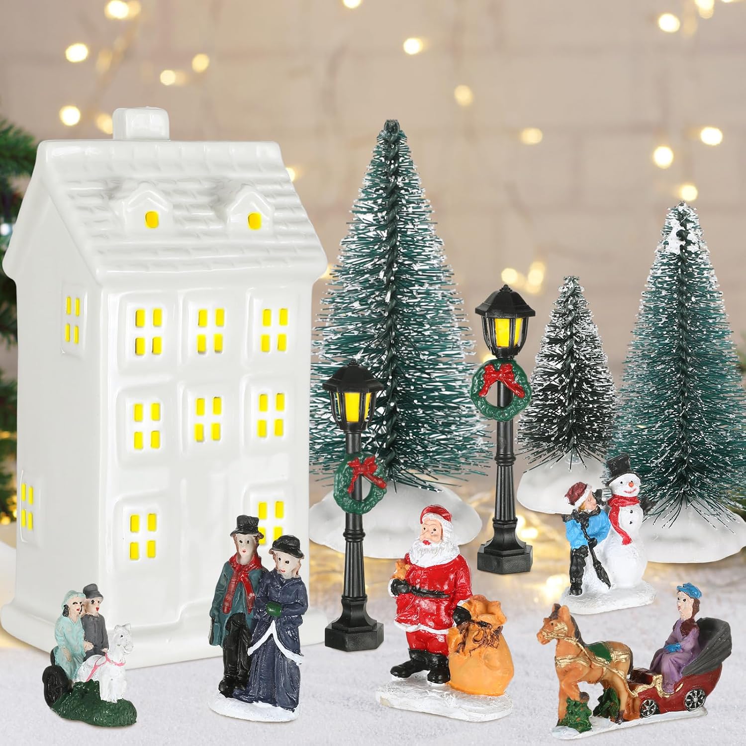 Soaoo 25 Pieces Christmas Village Sets Xmas Led Lighted Christmas Village Houses Mini Xmas Figurines Miniature for Collection Tabletop Mantel Shelf Indoor Accessories