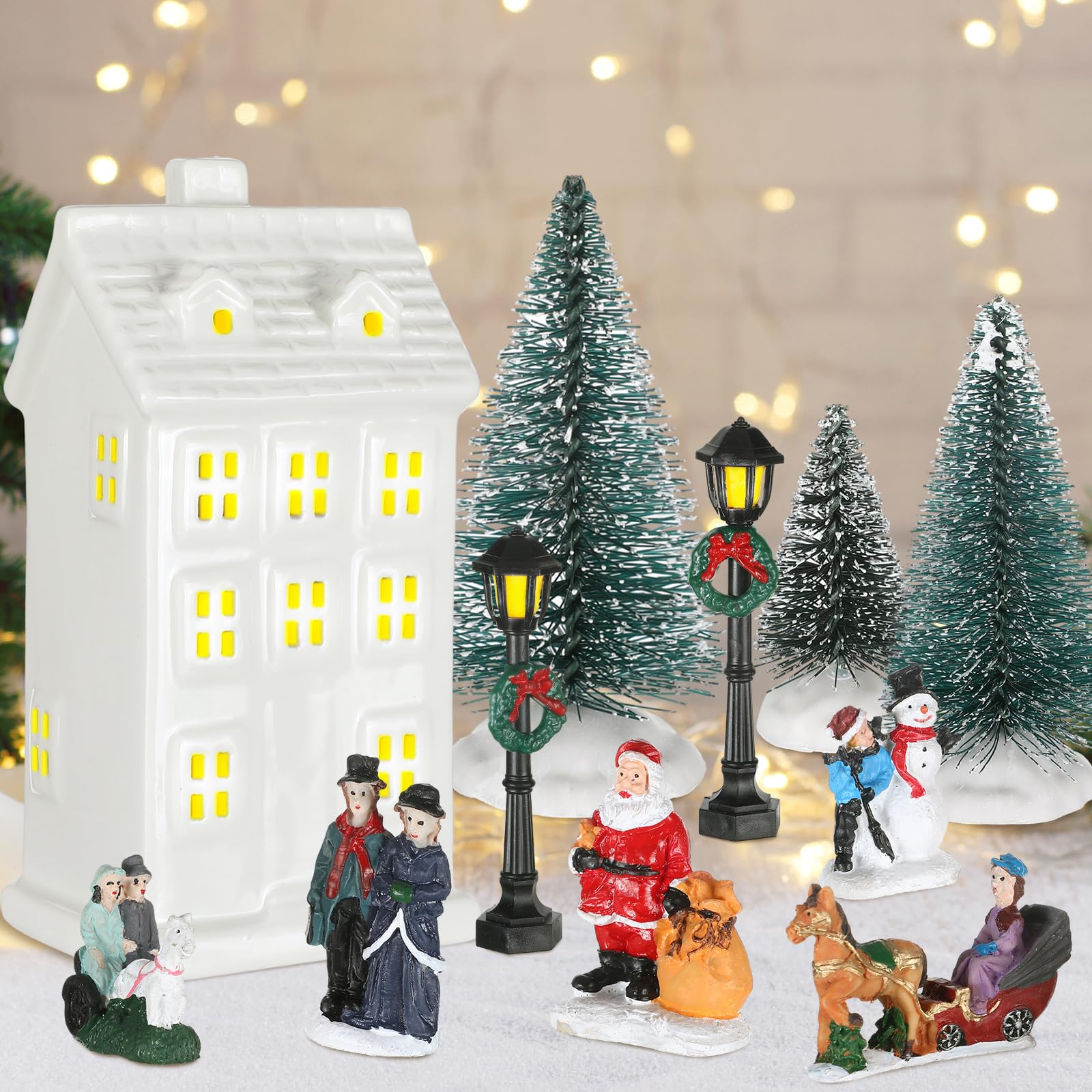 Soaoo Set da 25 pezzi di villaggio natalizio illuminato a LED, case di villaggio di Natale, mini figurine natalizie in miniatura per la collezione da tavolo mensola mensola accessori per interni