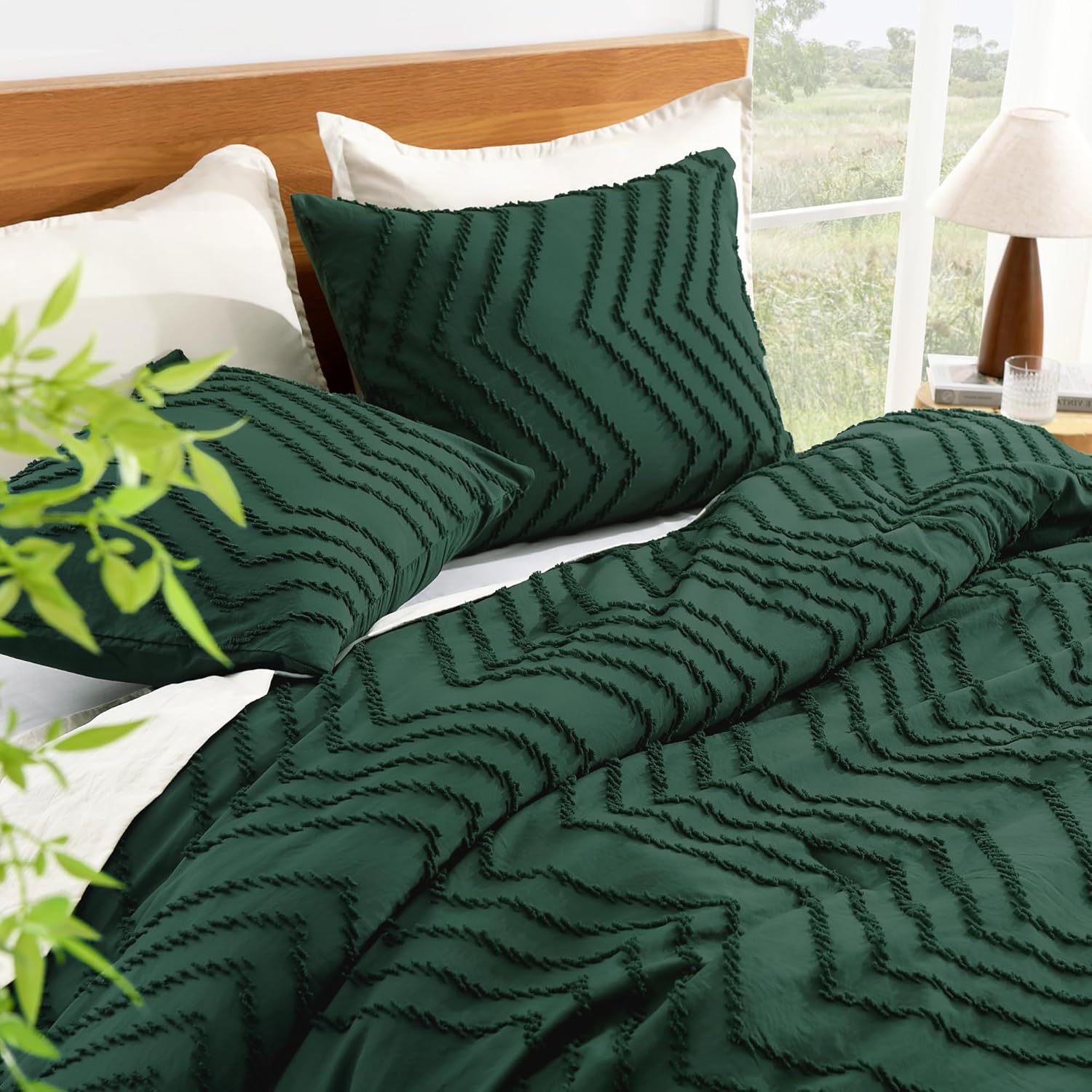 Litanika Oversized King Size Comforter Set 120x98 Dark Emerald Green, 3 Pieces Chevron Tufted Quilt Forest Green Bedding Comforter Sets, Fluffy Bed Set - Image 3