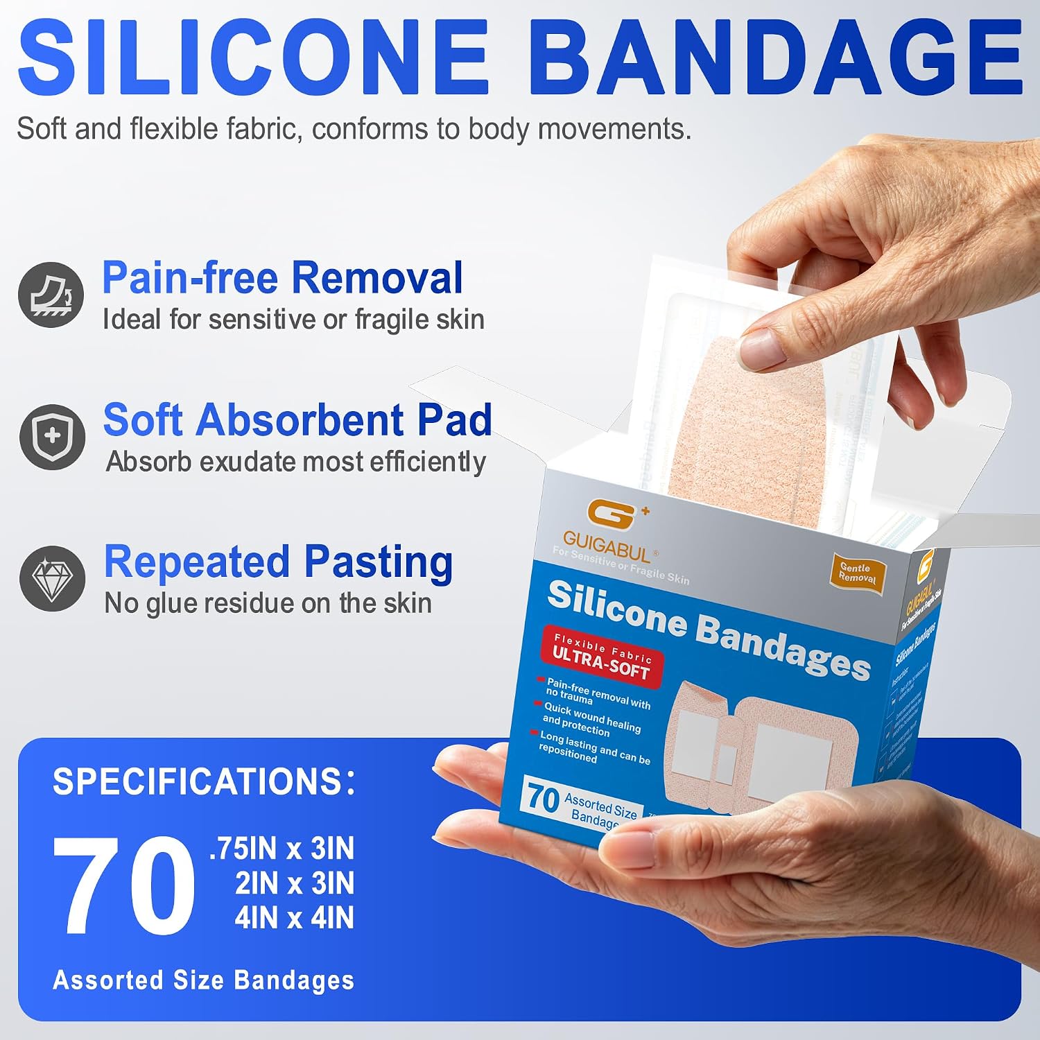 Silicone Bandages for Sensitive Skin, Assorted Sizes Flexible Fabric Adhesive Bandages Painless Removal for Cuts & Scrapes, Non-Stick Pad, Hypoallergenic, 70 Count