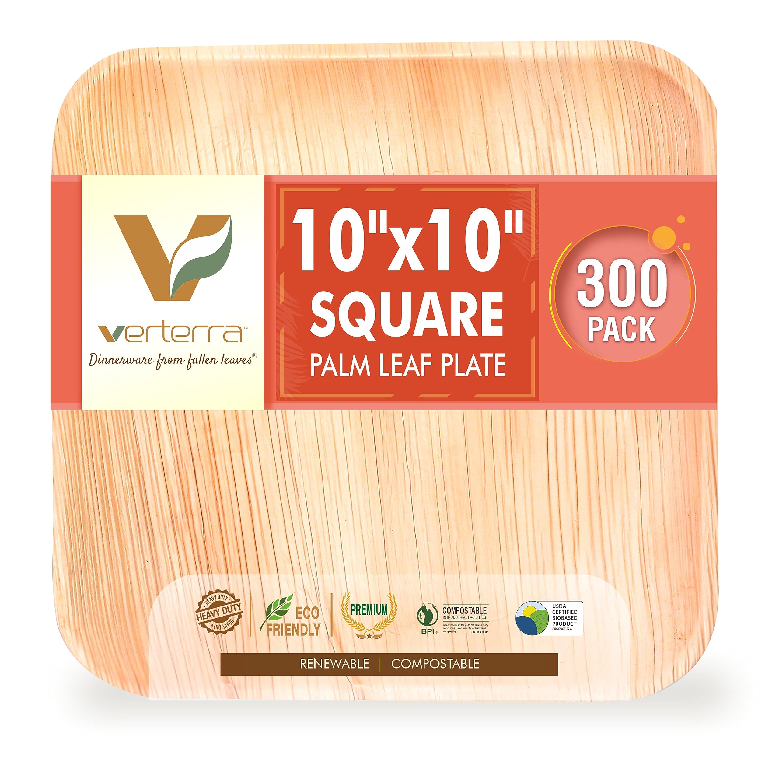 VerterraCompostable 10″ Square Palm Leaf Dinner & Appetizer Plates (300-Pack) | Bamboo-Look, All-Natural, Eco-Friendly, Biodegradable, Heavy-Duty Disposable Tableware for Weddings, Parties & Catering