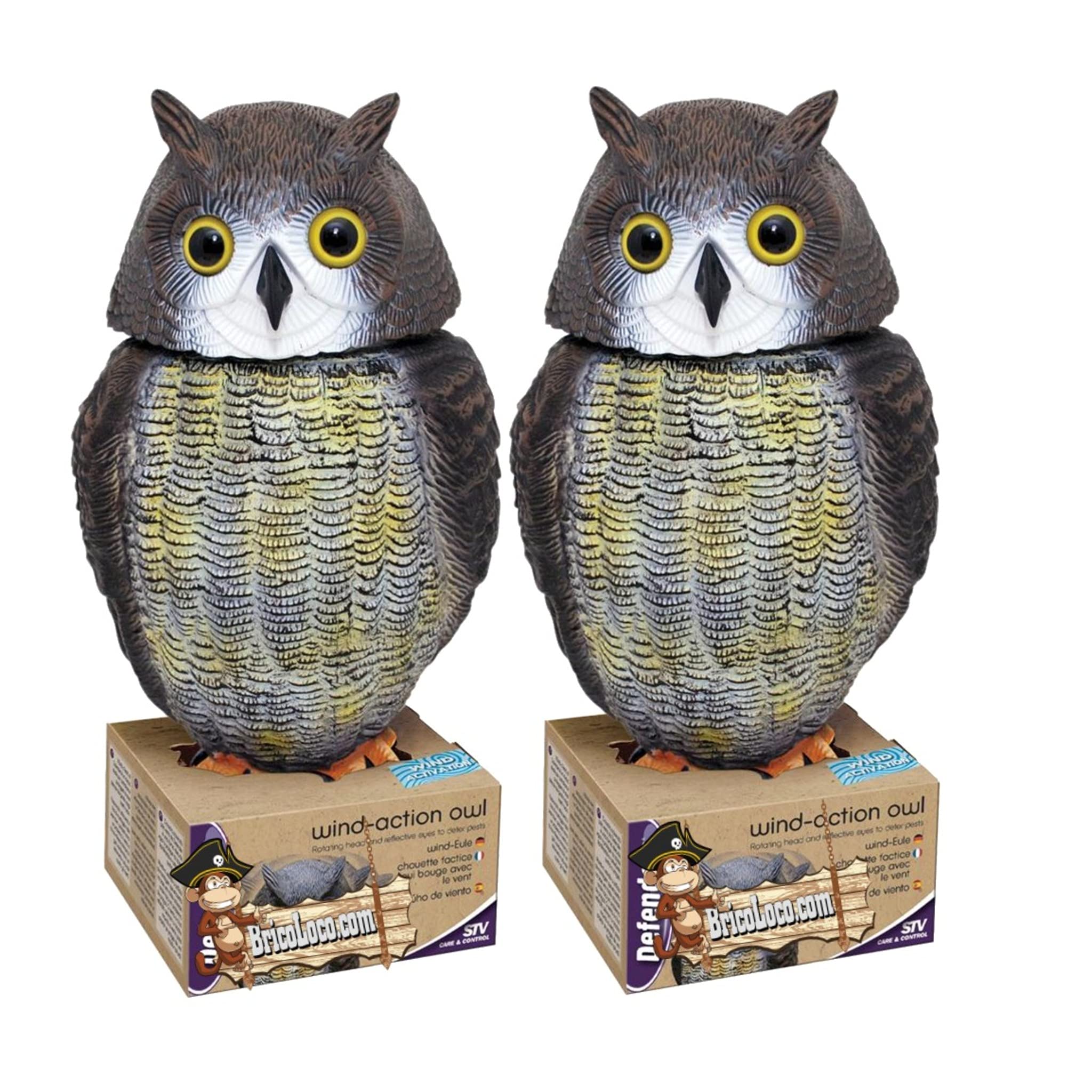 BricoLoco 2 Stück Eule Vogelschreck Größe Real Extra 42 cm Taubenabwehr Vogelabwehr für Gemüse, Garten oder Balkon Windaktivierter Drehkopf Reflektierende Augen