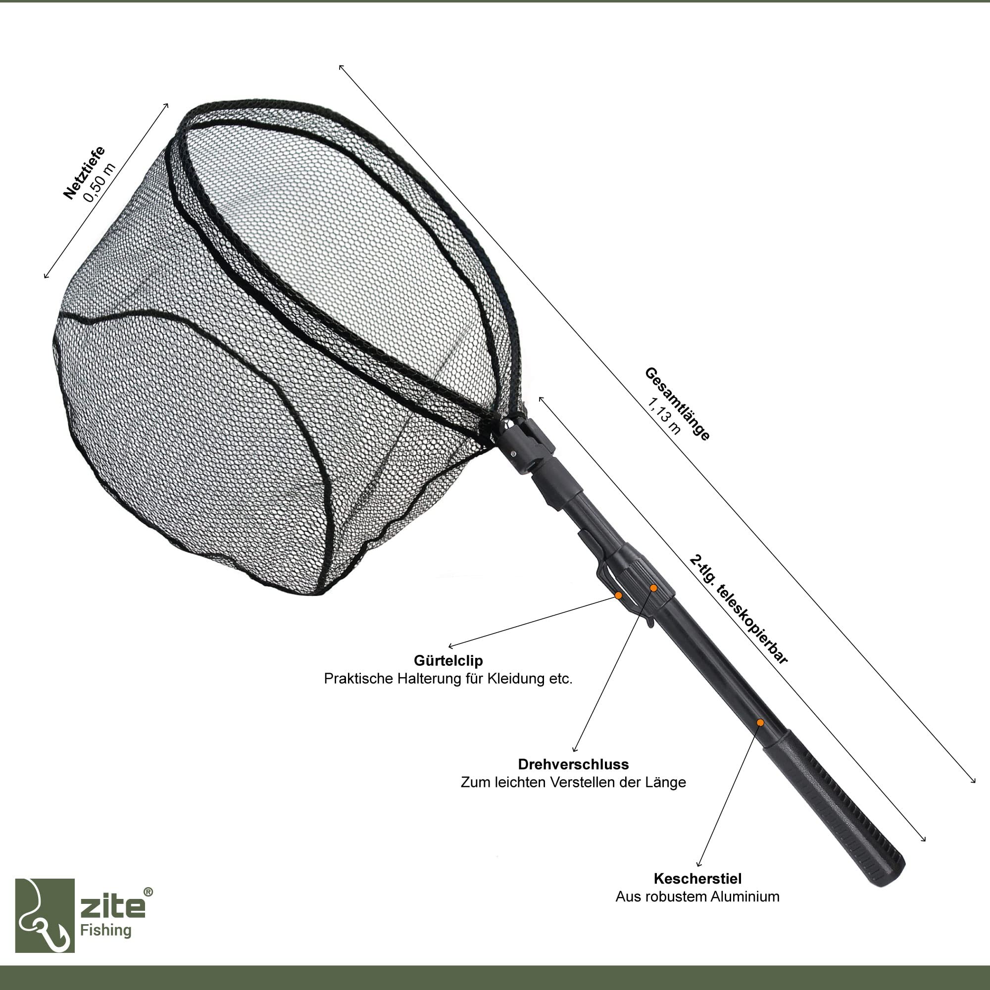 Zite Fishing Spinn-Kescher Gummiert Angeln - Angel Kescher Teleskop - Einhand Raubfisch-Kescher, Unterfangkescher Watkescher Spinnfischen 113cm Unterfangkescher gummiert gummierter Kescher Angeln