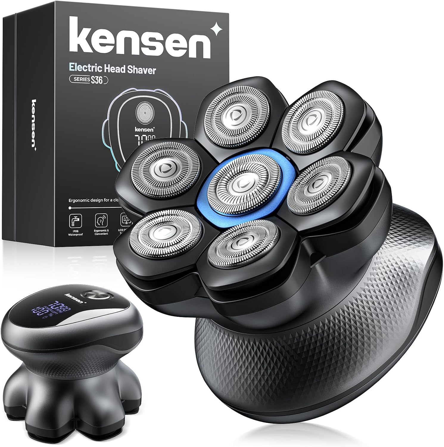 kensen Rasoir Tete Chauve Homme 7D Tondeuse Crane Chauve 90 Mins d'Autonomie 2 Vitesses Rasoir Crane Homme Chauve Étanche IPX6-Wet & Dry,USB-C,sans Fil,avec Écran LED (Noir)