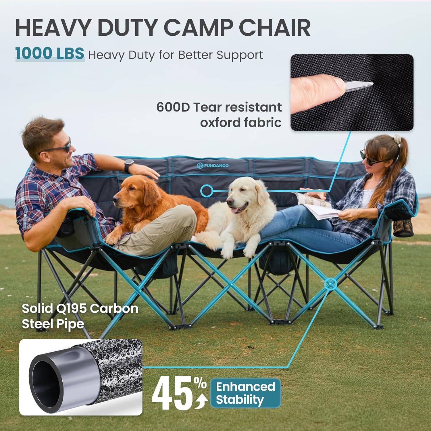 FUNDANGO Extra Wide 3 Person Camping Chair for Adults with Cooler, 1000 LBS Heavy Duty Oversized Camp Couch, Padded Folding Seat with Cup Holders for Outdoor, Sports & Lawn