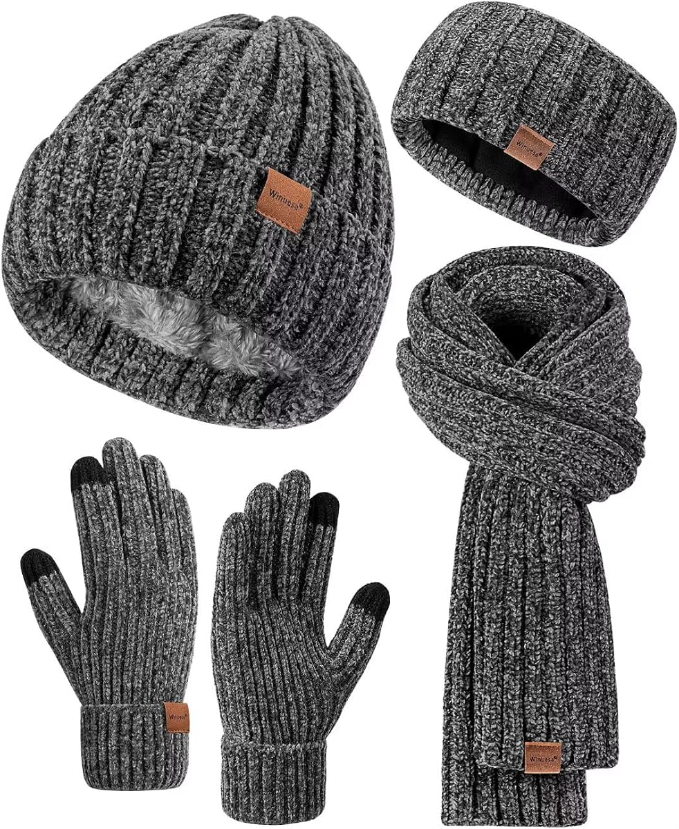 Conjunto de gorro, bufanda y guantes para mujer, gorros de invierno de chenilla, calentador de orejas con forro polar, bufanda de punto, guantes con pantalla táctil, 4 juegos de regalo