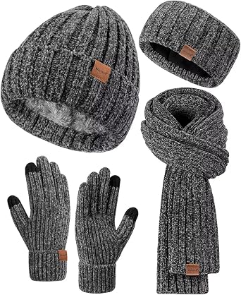 Women Beanie Scarf Gloves Headband Set, Chenille Winter Hats Fleece Lined Ear Warmer Knit Scarf Touchscreen Gloves 4 Gift Set