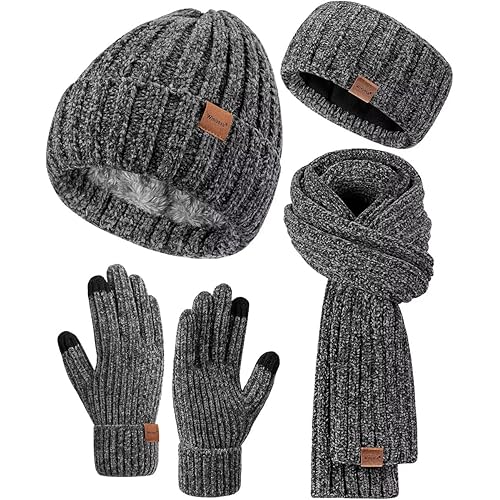 Women Beanie Scarf Gloves Headband Set, Chenille Winter Hats Fleece Lined Ear Warmer Knit Scarf Touchscreen Gloves 4 Gift Set