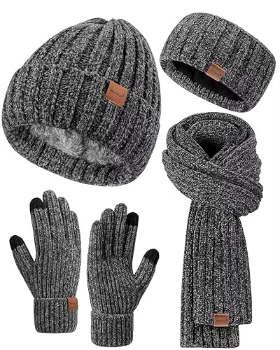 Women Beanie Scarf Gloves Headband Set, Chenille Winter Hats Fleece