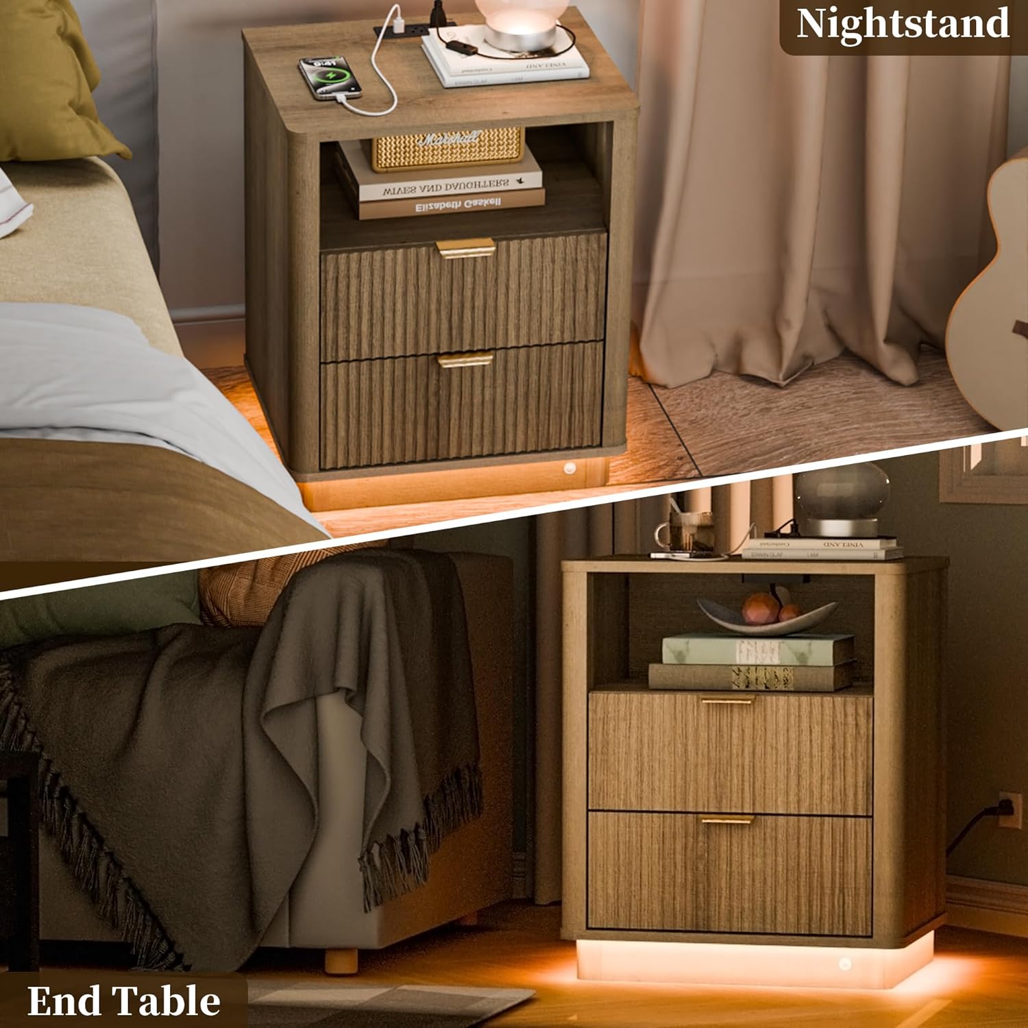20'' Led Fluted Nightstand with Charging Station, Curved Night Stand with Lighting, Wood End Table with 2 Drawers, Modern Side Table Storage Cabinet for Bedroom Office,(1, Natural)
