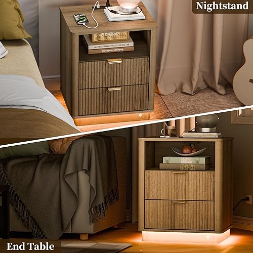 Miniatura 6 de Mesita de noche acanalada, mesita de noche curvada con iluminación de estación de carga, mesa auxiliar de madera con 2 cajones, mesa auxiliar