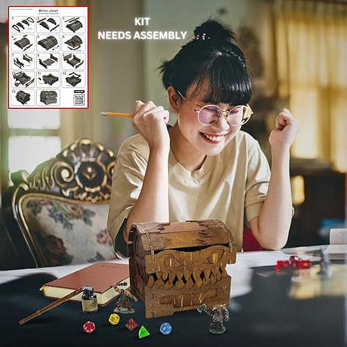 Miniatura 4 de Mimic - Cofre para torre de mazmorras y dragones con bandeja de madera grabada con láser Cthulhu, rodillo de dados portátil y plegable, perfecto