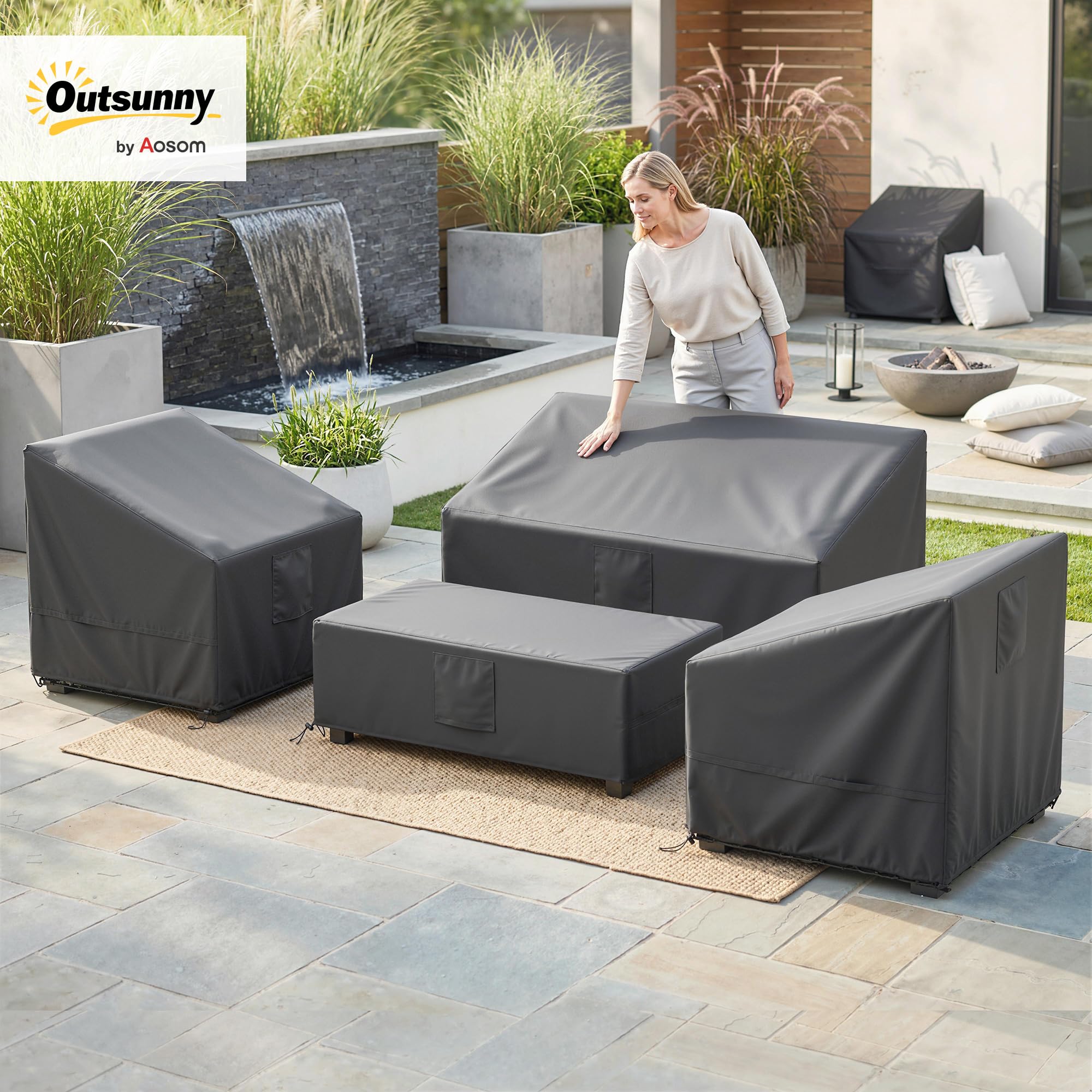Outsunny Ensemble de 4 Housses Salon de Jardin Imperméables 420D Tissu Oxford, Bâche de Potection Extérieure avec 6 Évents et Sac de Rangement, pour Table et Canapé, Noir