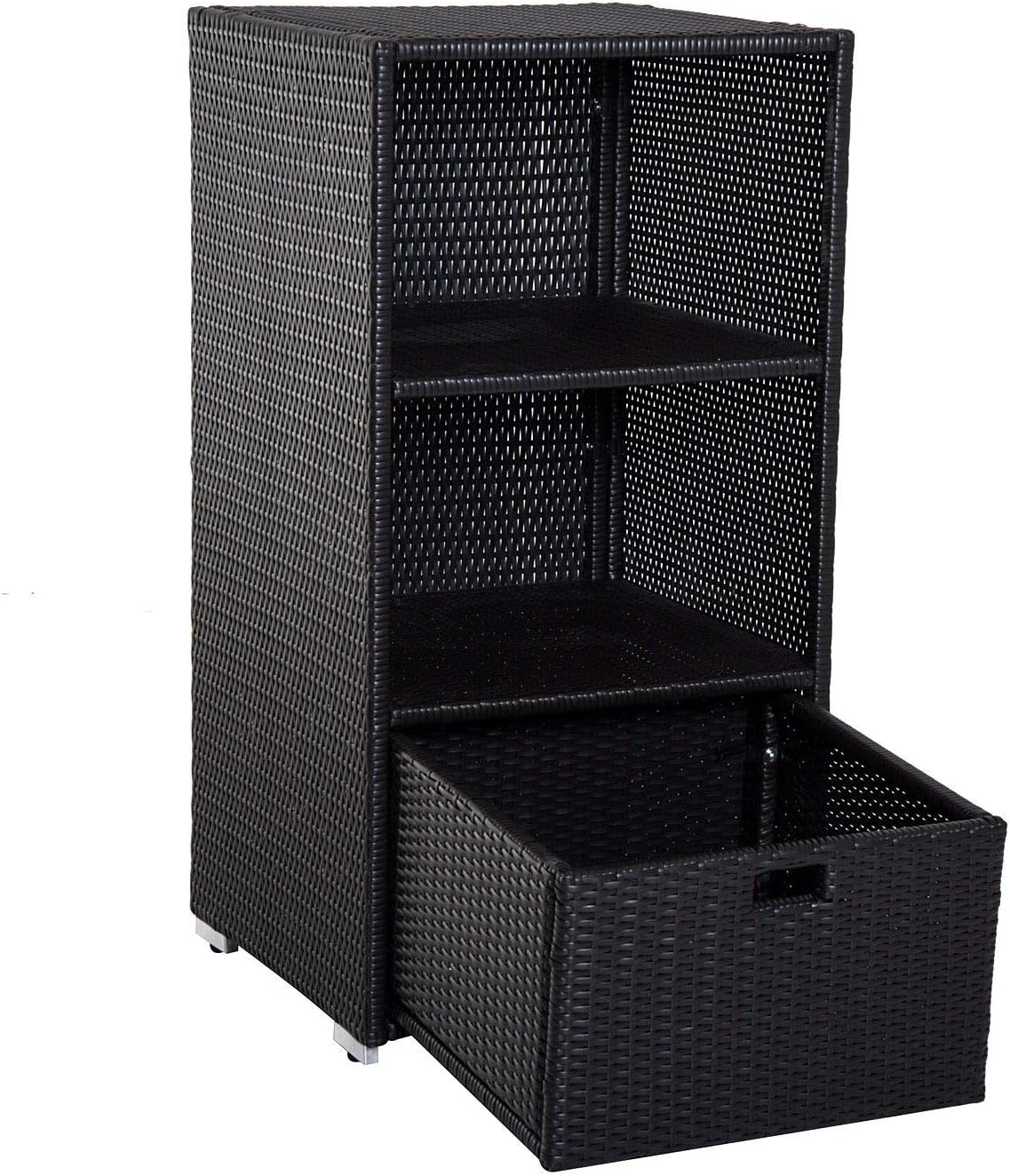 PE Rattan Wicker Outdoor Pool Towel Water Bottles Robes Valet Stand Organizer Rack Storage Cabinet 2 Upper Storage Shelves 1 Bottom Drawer for Storing Creams Lotions and Sunscreen