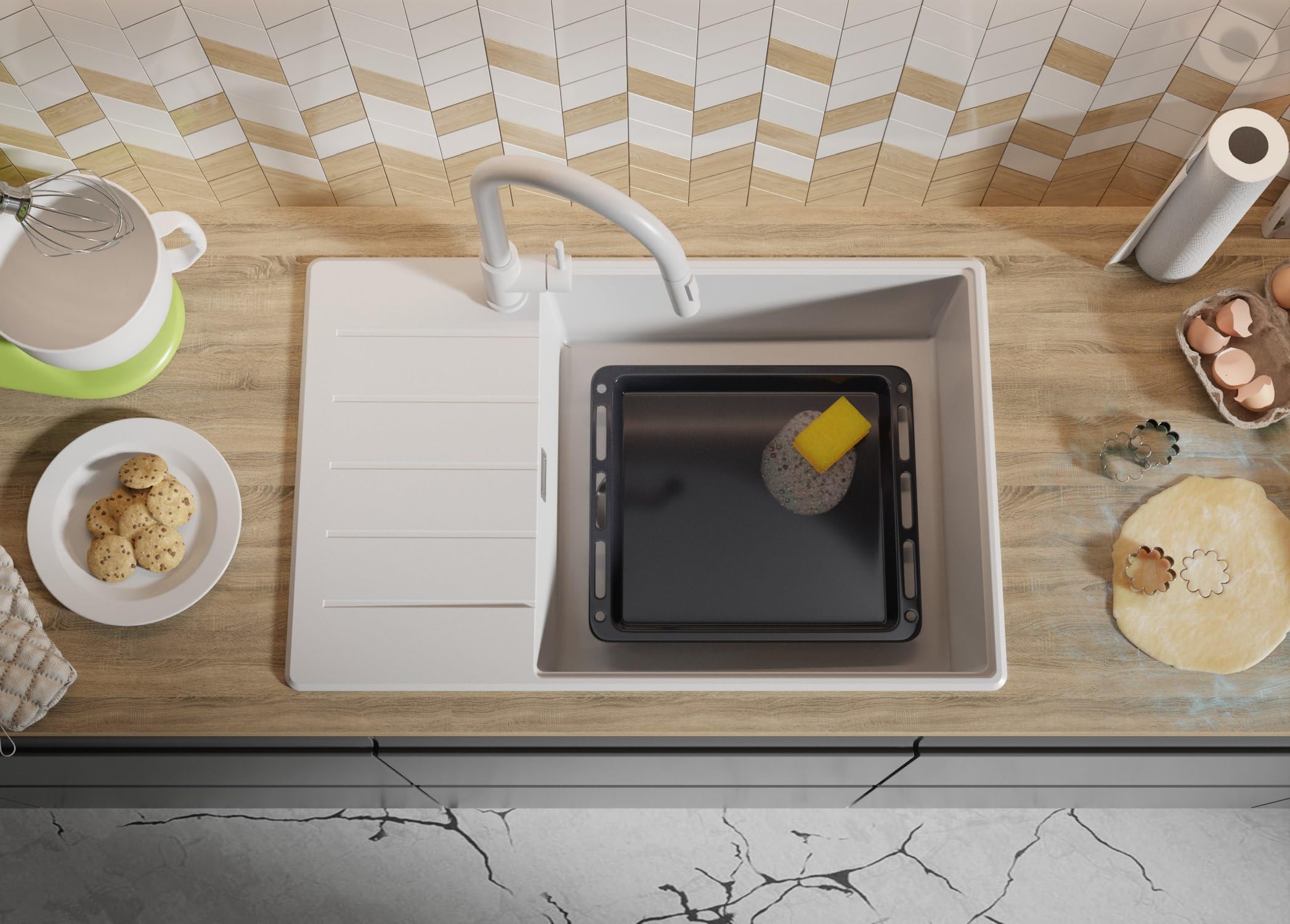 PRIMAGRAN Lavello da Cucina Tutto Bianco 78x50cm, Lavandino in Granito a 1 vasca + Sifone Classico, Lavabo da Cucina Incasso al Mobile 60cm - Copenhagen Top S572