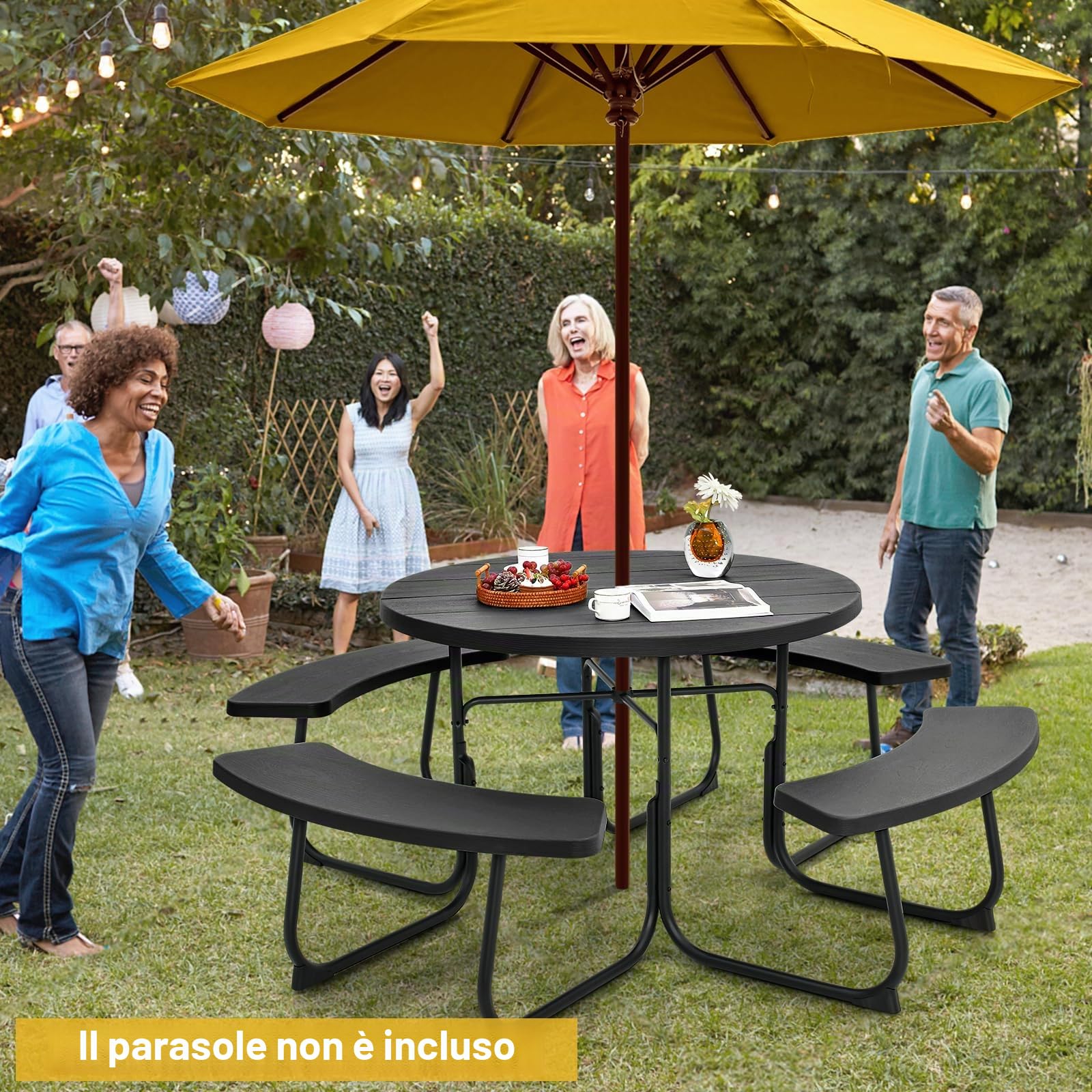 KOMFOTTEU Set di Tavolo da Picnic Rotondo per 8 Persone, Set di Sedie e Tavolo con Foro per Ombrellone, Mobili da Giardino con 4 Panche, in HDPE e Metallo, φ190 x 76 cm (Nero)