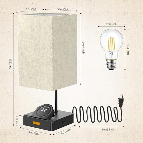 Miniatura 7 de Lámpara de mesita de noche LED regulable con pantalla cuadrada de tela luz de lectura para mesita de noche con certificación UL con soporte de