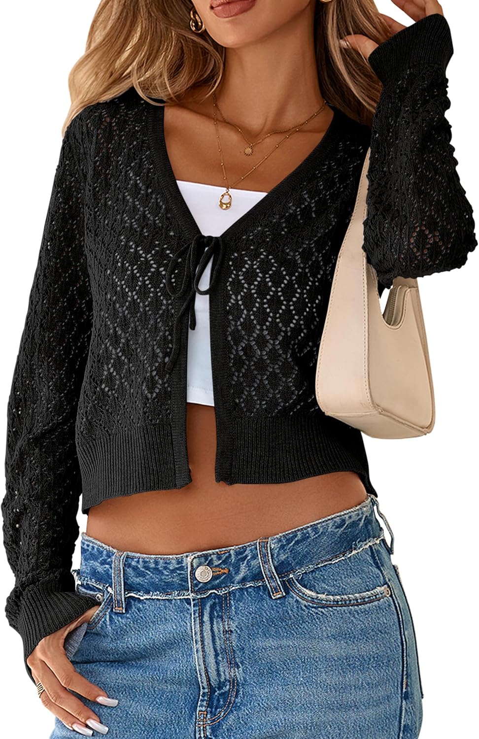 SimpleFun Womens Crochet Cardigan Casucal Tie Front Shrugs Sweaters Long Sleeve Knit Cropped Cardigans Tops