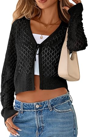 SimpleFun Womens Cropped Cardigan Tie Front Long Sleeve Crochet Shrugs