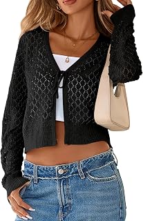 SimpleFun Womens Cropped Cardigan Tie Front Long Sleeve Crochet Shrugs