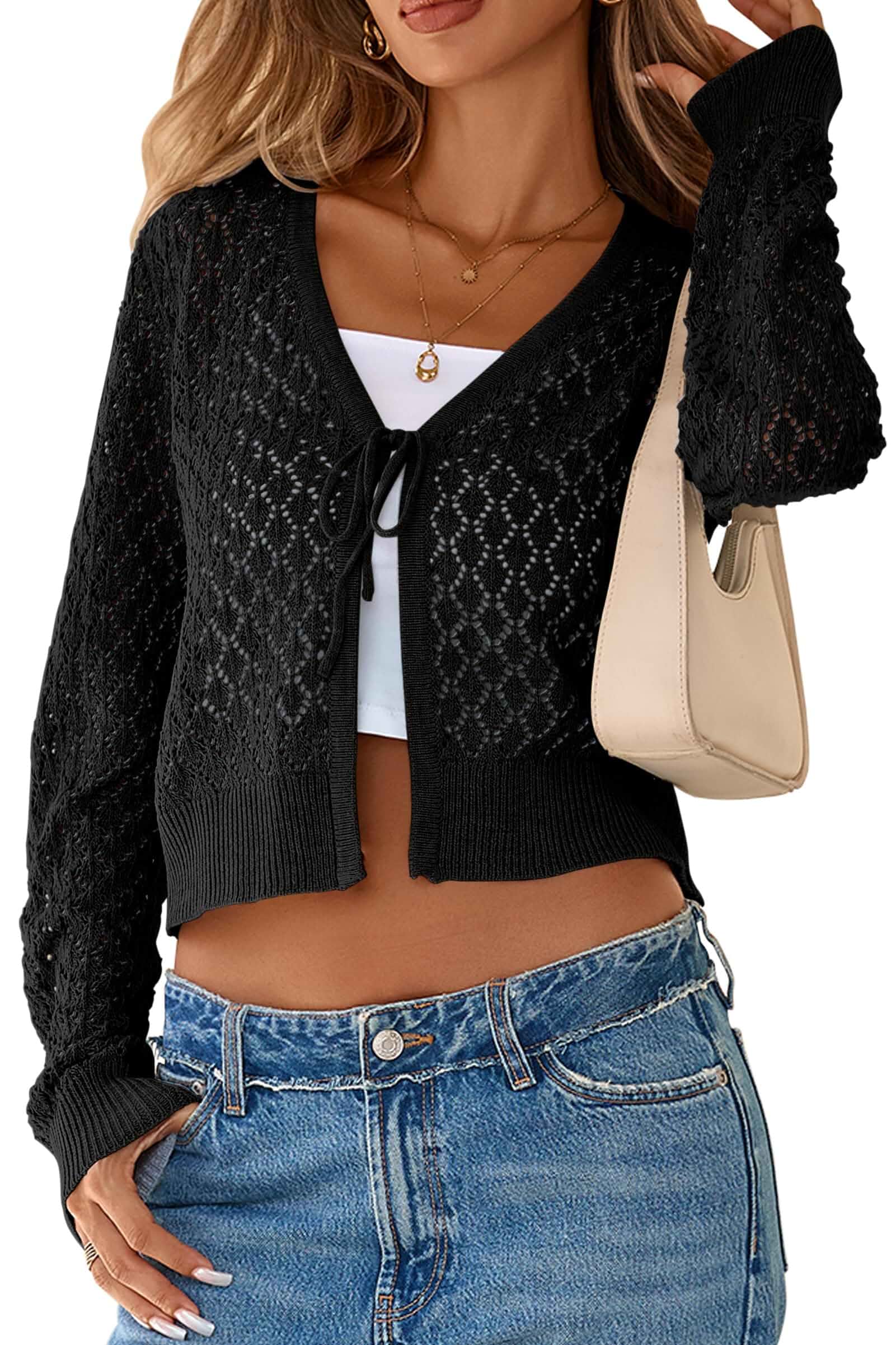 SimpleFun Womens Cropped Cardigan Tie Front Long Sleeve Crochet Shrugs Lightweight Knit Sweaters For Dresses, Going Out, V Neck, Open Front, Trendy Tops And Cardigans For Women, Summer Fall Style