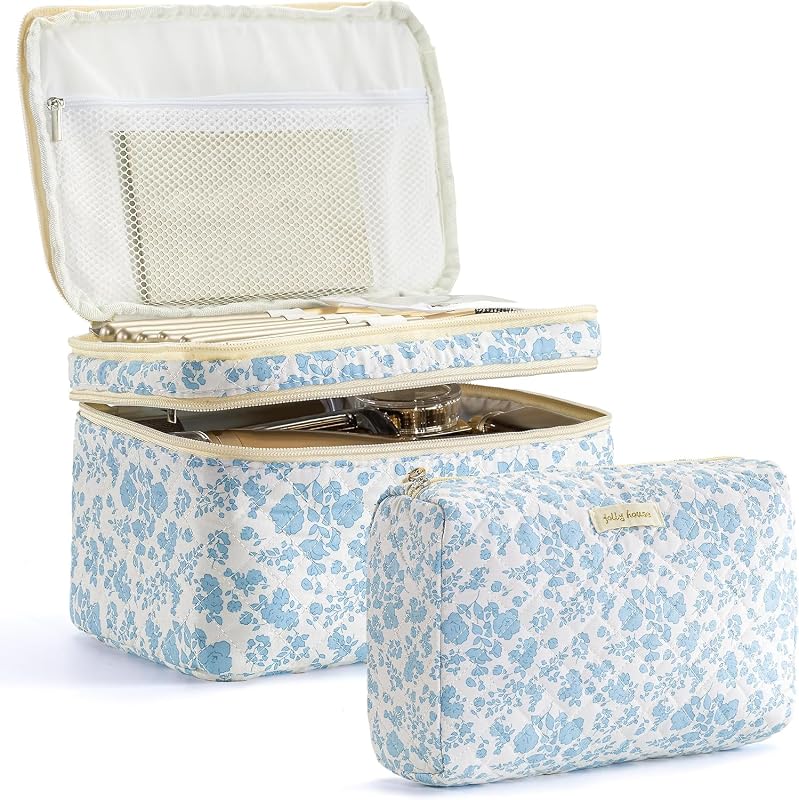 HBselect 2Pcs Travel Makeup Bag Large Quilted Cosmetic Bag Make up Bag | Toiletry Bag for Travel, Cute Floral Make up Bag Toiletry Bags for Women Girls, Purse Storage Holds Makeup, Toiletries