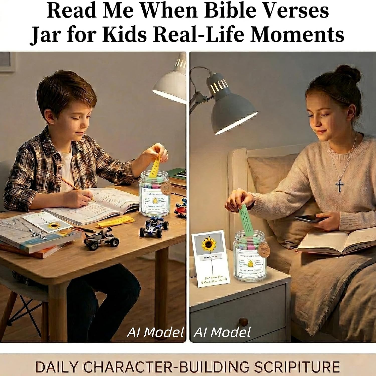 Bible Verse Jar for Youth Christian Character Building, Christian Gifts Set | with Cross Necklace & Greeting Card, Teaches Honesty, Empathy & Self-discipline, Prayer Jar for 14 Years Old Son & Daughter