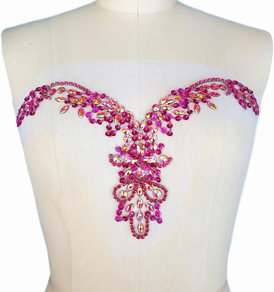 Handmade Beaded V-Neck Sequin AB Color Bling Sew On Neckline Rhinestone Crystal Trim Bridal Applique Design Patch Sewing for Wedding Dresses DIY Decoration 20x34cm (Navy Blue)