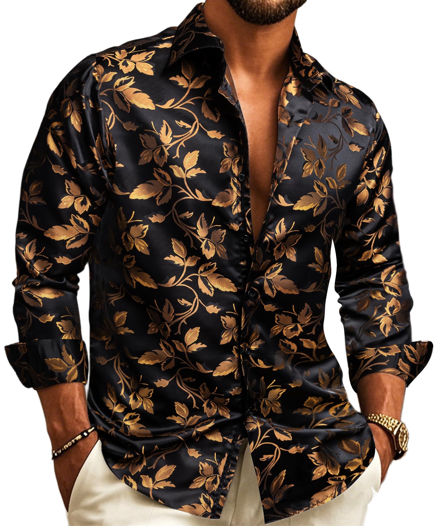 Barry.Wang Mens Western Shirts Silk Paisley Long Sleeve Button Down Dress Shirt Designer Mexico Cowboy Shirt Party Casual