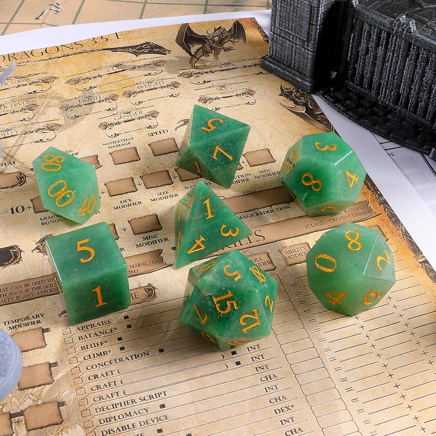 LUCKY-M Aventurine Gemstone DND Dice Set, 7 PCS Dungeons and Dragons Dice with Case for RPG MTG, Stone Dice Set D&D D4 D6 D8 D10 D00 D12 D20