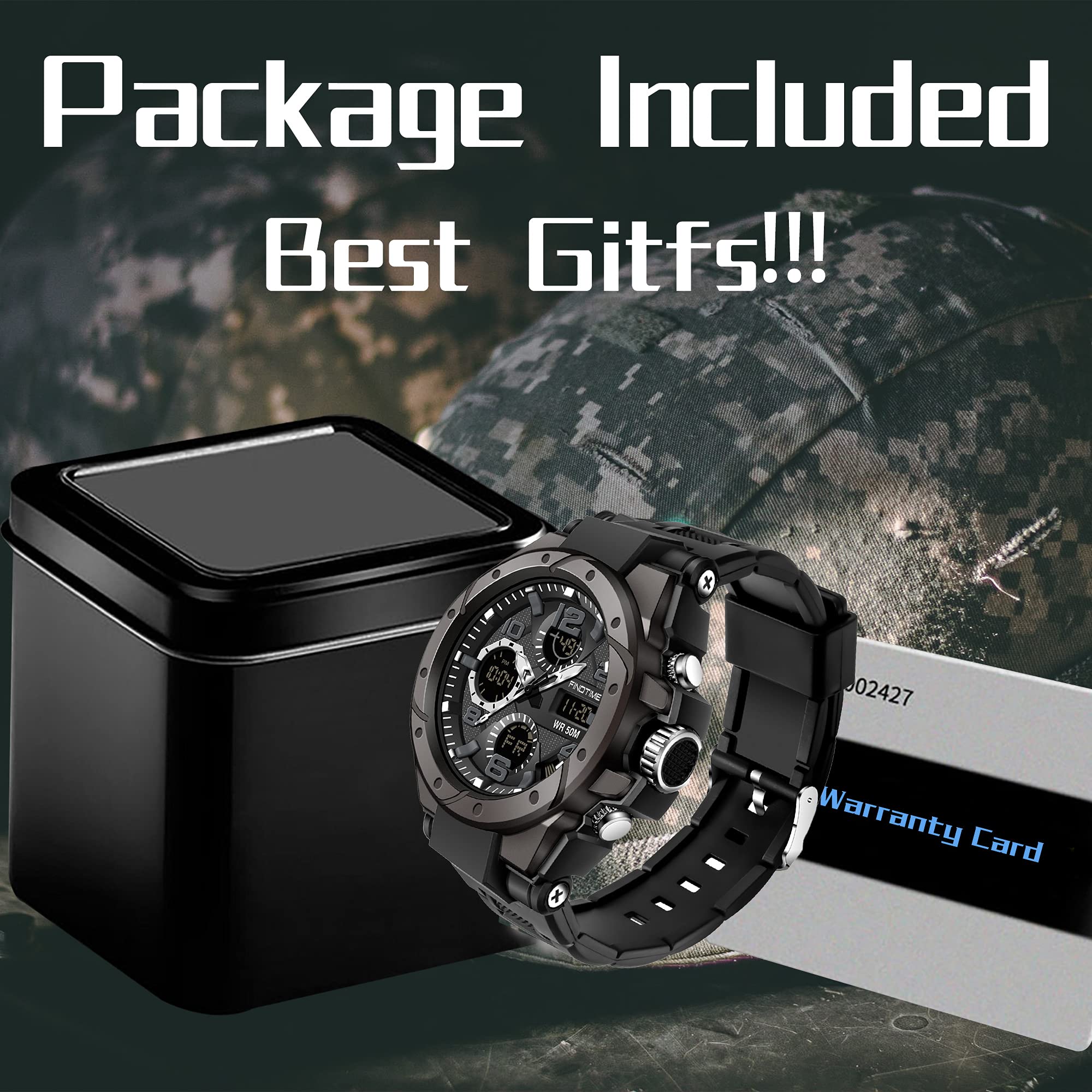 findtime Reloj deportivo digital militar para hombre, pantalla grande, resistente al agua, 5 ATM, con alarma, calendario, cronómetro, cronómetro, rojo, Negro , Militar