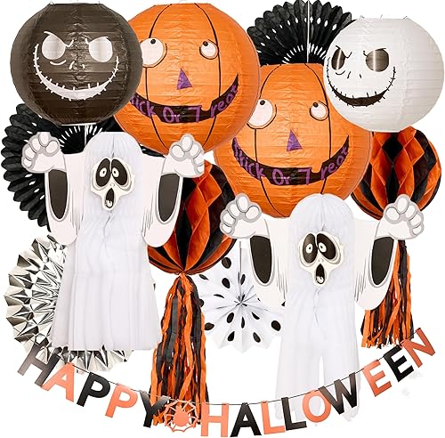 Miniatura 10 de PAPER FAIR 12 linternas de papel colgantes en 3D de Halloween, decoración de papel, bruja fantasma, araña, calabaza. Faroles de papel redondos