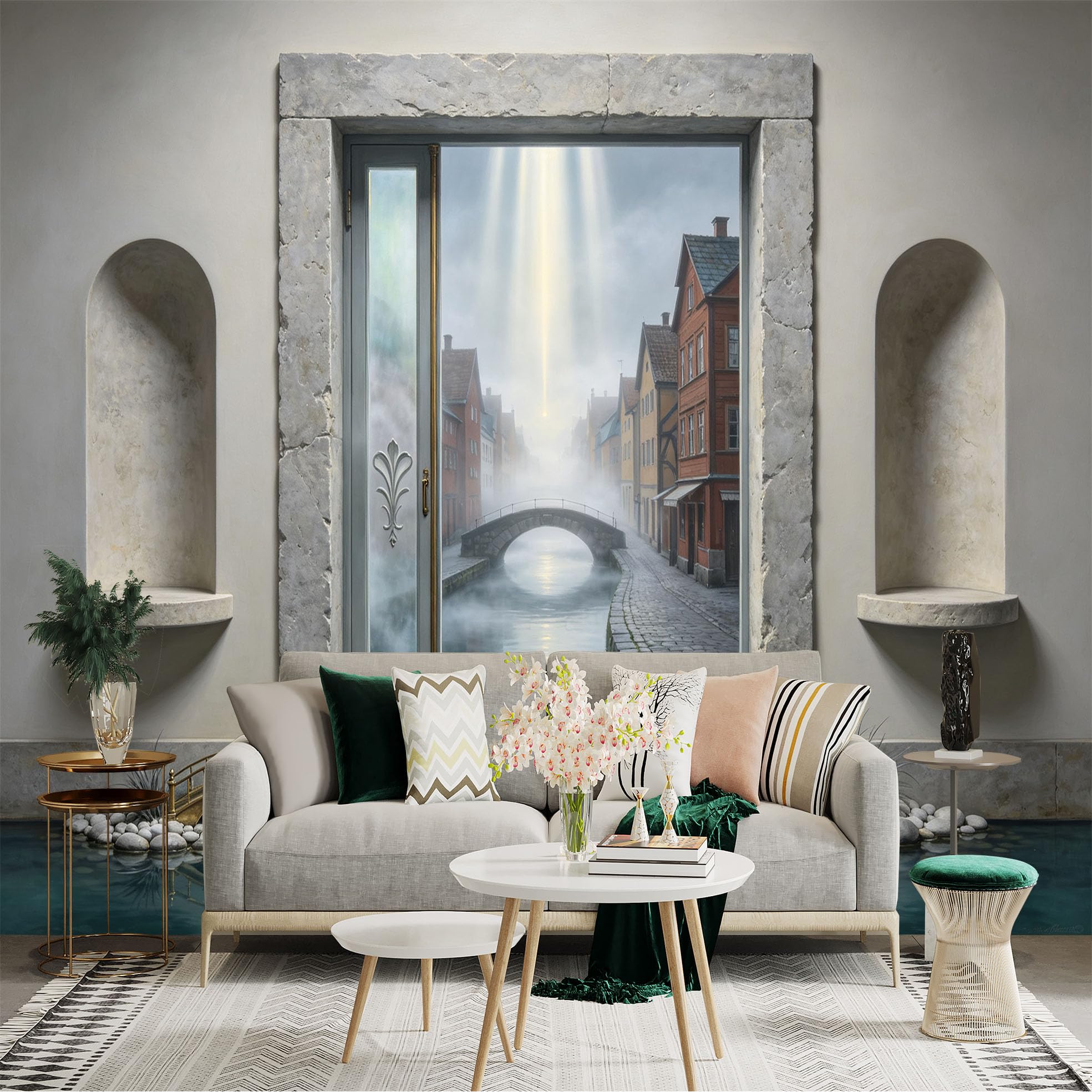 Custom Size Wall Sticker Mural， Misty Canal Town with Stone Bridge and Sunlight Reflection， for wall Decoration， peelandstick wall Decals.