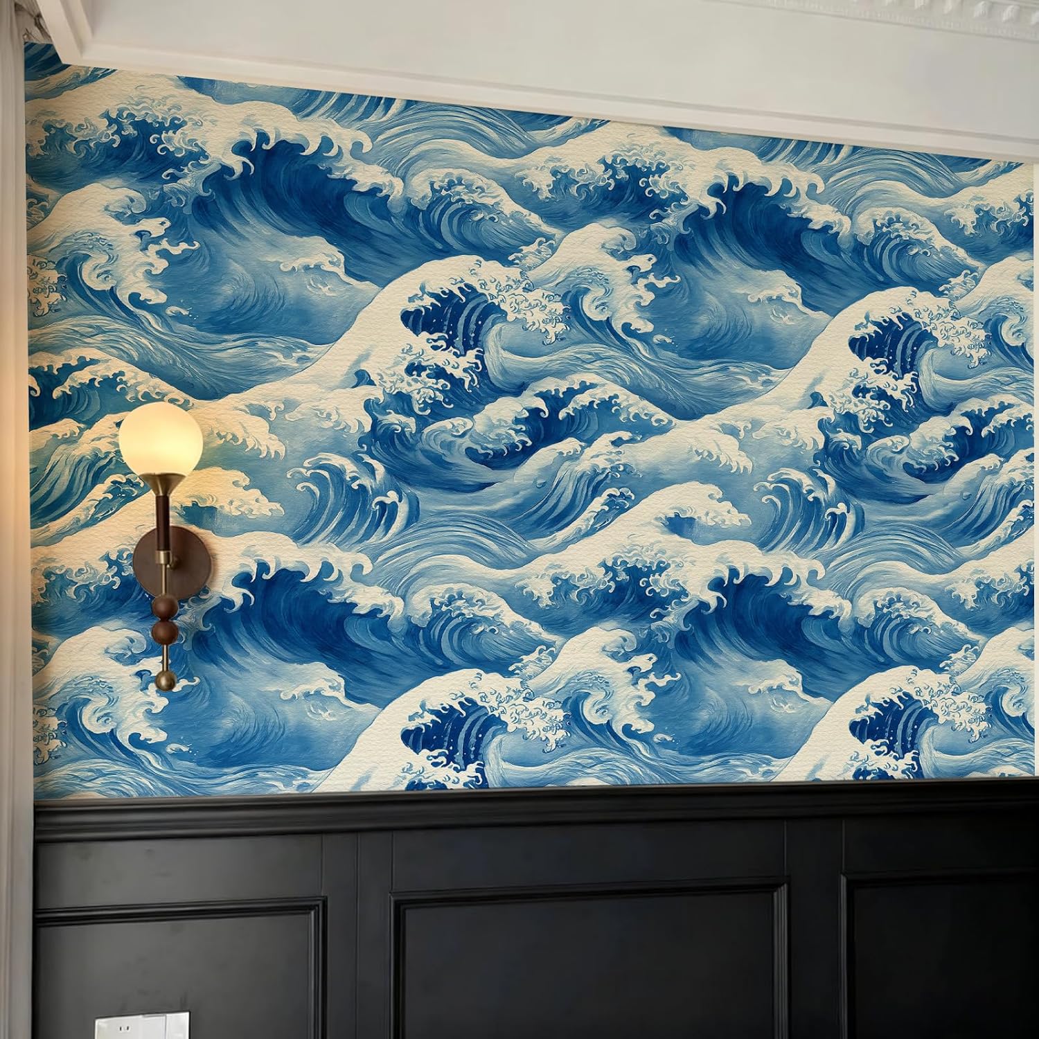 Stickorama Japanese Ukiyo-e Style Wave Peel and Stick Wallpaper 17.72" x 118.1'' Self Adhesive Blue White Ocean Renter Friendly Removable Waterproof Wall Paper for Living Room Bathroom
