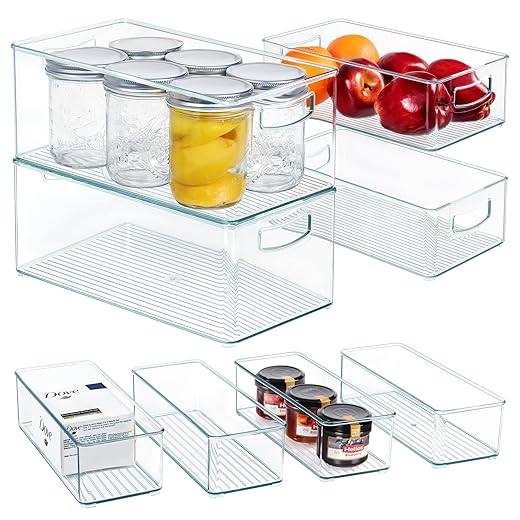 Hudgan 8 PACK Stackable Pantry Organizer Bins (3 sizes) - Clear Fridge Organizers for Kitchen, Freezer, Countertops, Cabinets - Plastic Food Storage Container with Handles for Home and Office