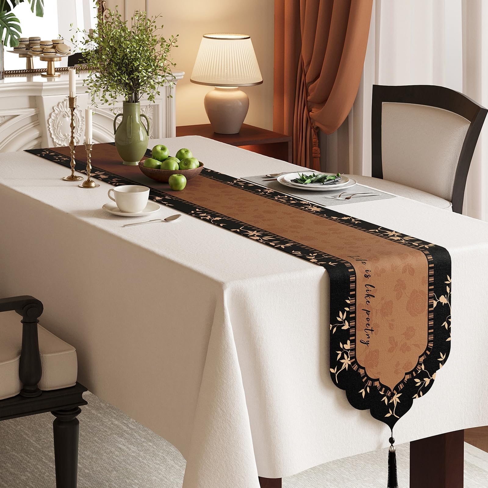 Tischläufer Polyester Modern, Tischläufer Landhausstil 35x240 cm, Leinenoptik mit Vintage-Blumenmuster