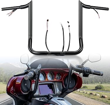 12" Touring Pre-wired Ape Hangers 1-1/4" Meathook Monkey Bar for Miter Cut 2016-2023 Street Glide/Electra Glide/Ultra Limited Excludes heated grip wires,Black