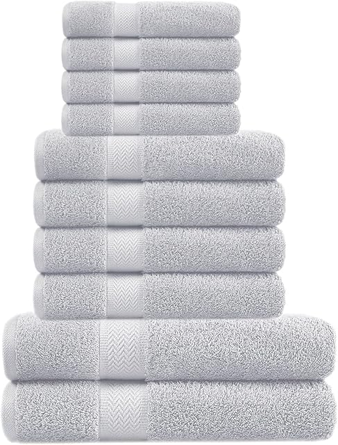 A & B TRADERS Bathroom Towels Bale Set 10-Piece 4x Hand, 4x face Cloths, 2x Bath Towels 100% Cotton Quick Dry Soft Absorbent (Silver)