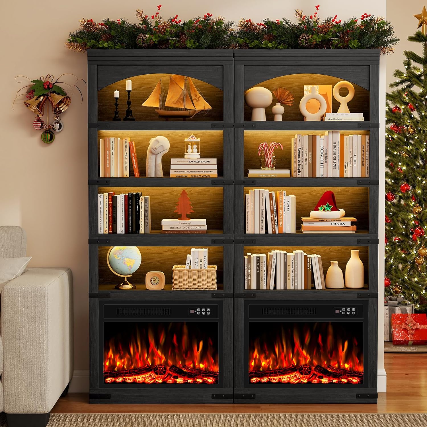 BREEZEHEAT Arched Bookcase with 23'' Fireplace Insert and LED Light, Modern 70” Tall Storage Pantry Cabinet Set of 2, Open Display Bookshelf for Living Room & Home Office, Black