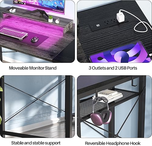 Miniatura 5 de Escritorio para juegos de 39.4 pulgadas con LED, escritorio de computadora con 39 tomas, escritorio pequeño para espacio pequeño, escritorio de