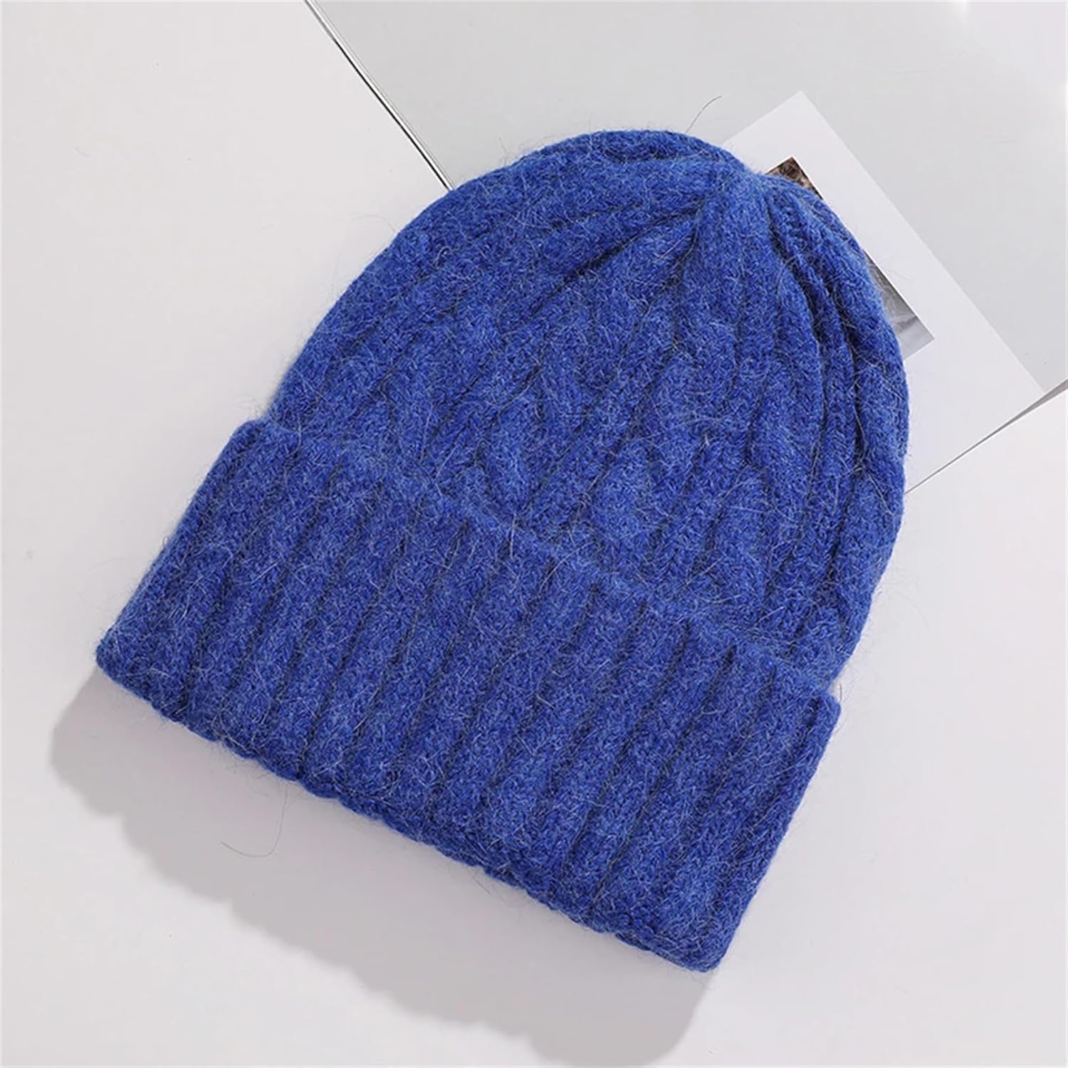 Women's Fall Winter Thicken Warm Braided Knit Beanie Hat Girl's Classic Solid Color Roll-Up Brim Skullies Soft Snow Ski Caps