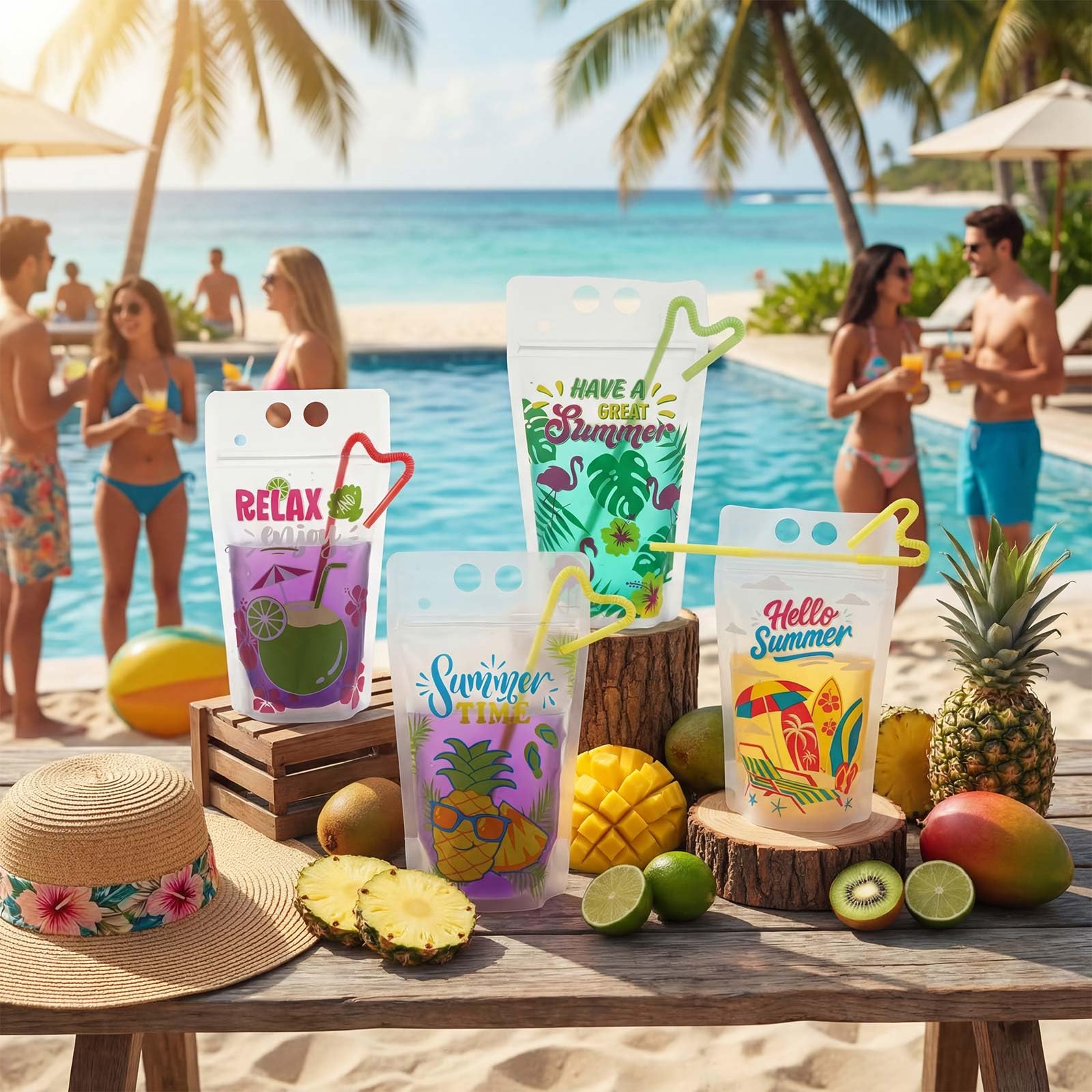 Summer Drink Pouches with Straws - 100 Pack -4