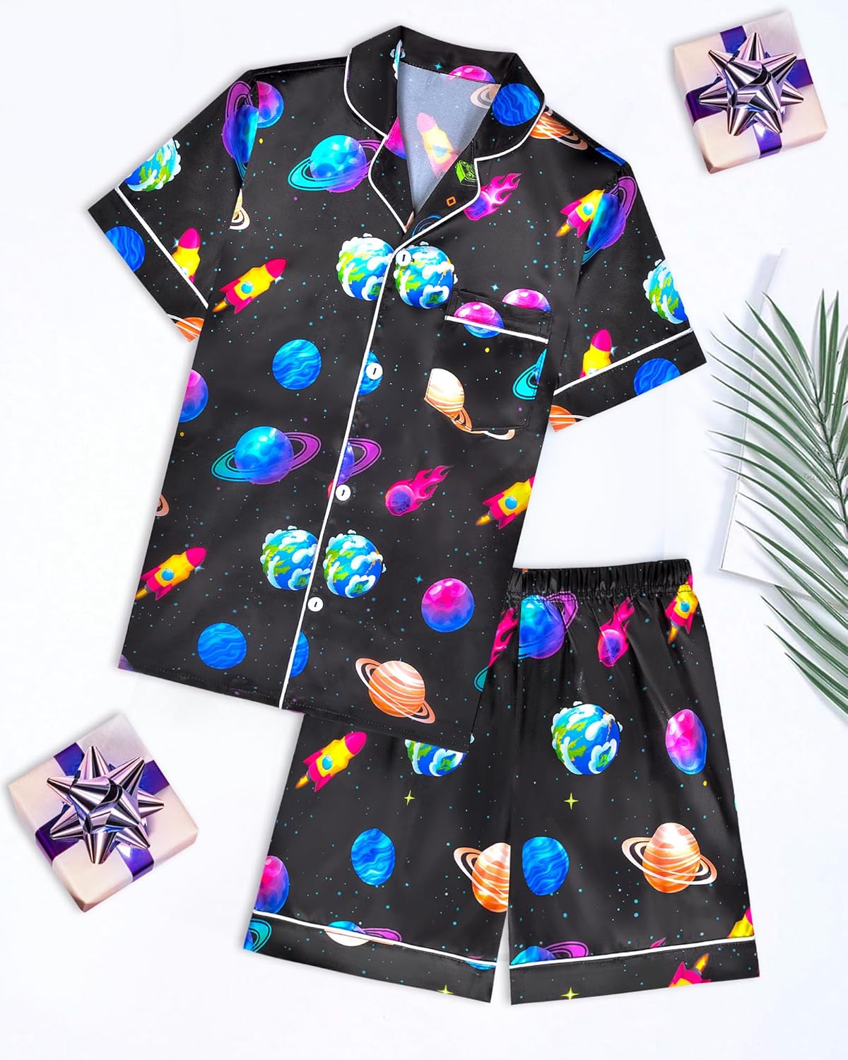 Fiodrimy Boys Pajamas Big Boys Satin PJS Set Summer Short Sleeve Button Down Kids Silky Pajama Lounge Sleepwear Size 8-14 - Image 7