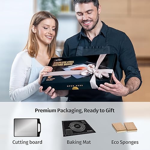Miniatura 8 de Matiks Juego de tablas de cortar de acero inoxidable, 16 x 11 pulgadas, tabla de cortar de metal grande de doble cara apta para lavavajillas para