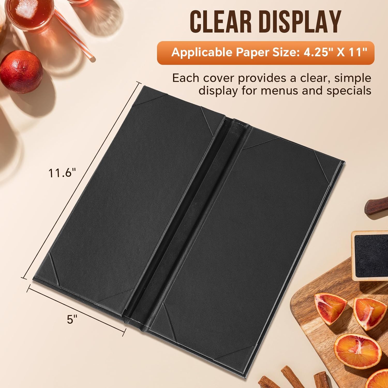 MYFULLY Restaurant Menu Holders 4.25" x 11", 12 Pack Black PU Leather Single Panel Menu Covers with Angled Corners for Restaurant, Bar, Coffee Shop, Wine List (6 View)