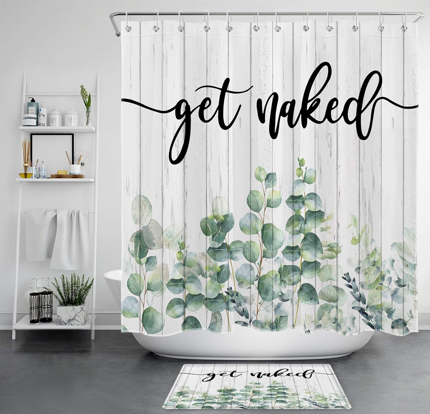 HVEST Get Naked Bathroom Sets with Shower Curtain and Rugs, Green Eucalyptus Leaf Plant on Farmhouse Wood Shower Curtain Set Bathroom Decorations,70L X 70W inches