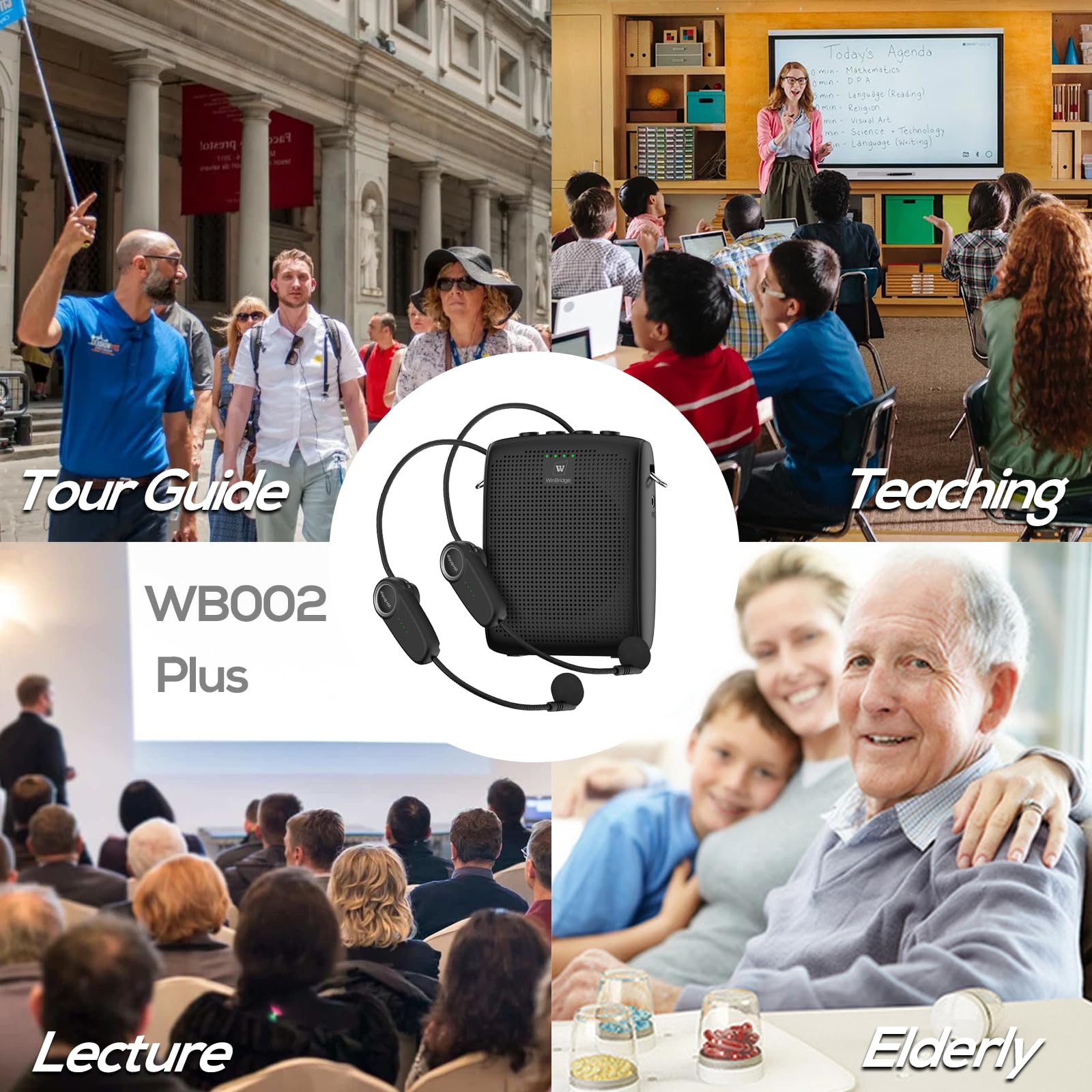 Amplificador de Voz inalámbrico WinBridge con Dos micrófonos de Auriculares Bluetooth, Altavoz portátil y micrófono para Profesores, megáfono portátil con Sonido Claro de 15W|2600mAh WB002 Plus