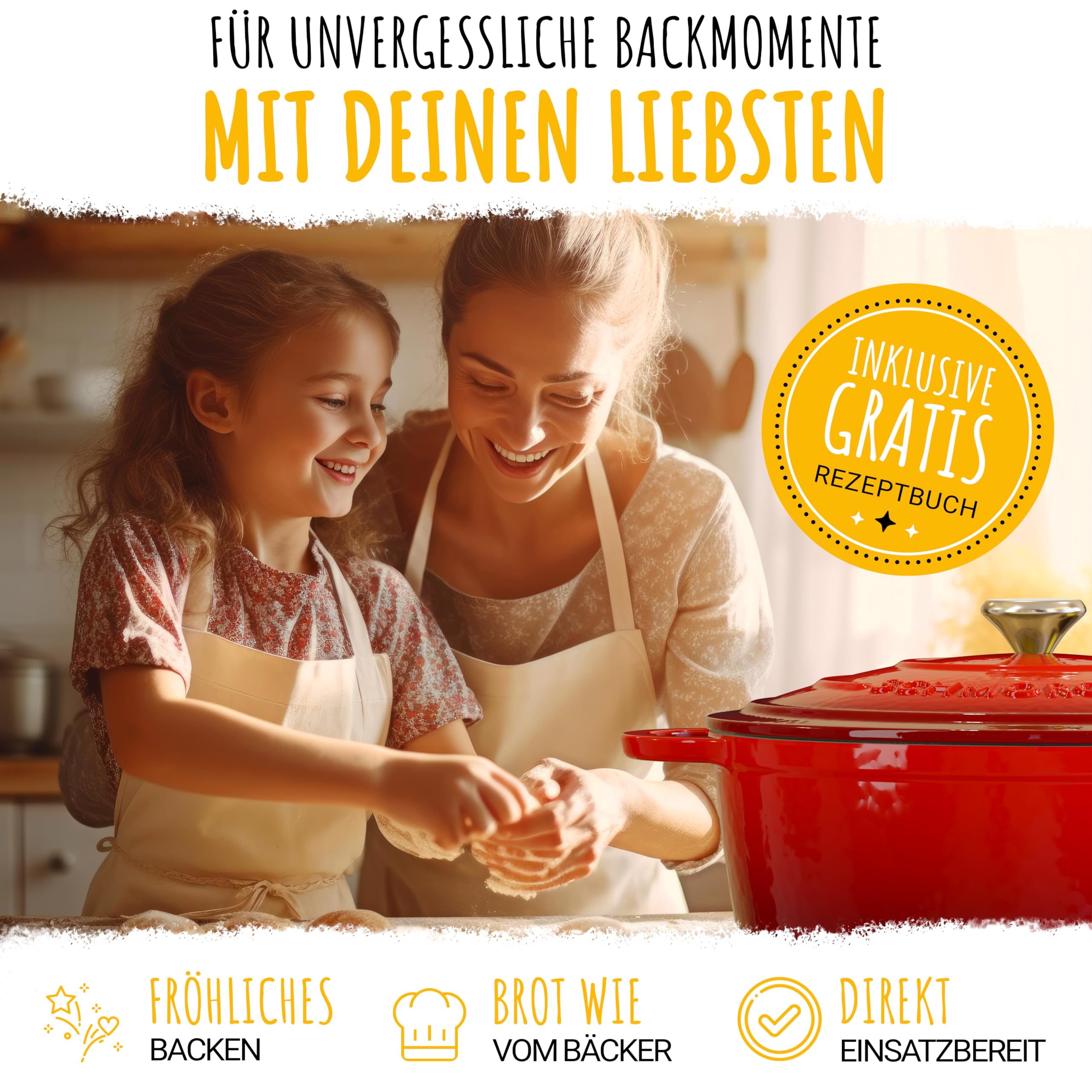 Susani SCHMORGOLD Brotbackform 26cm inkl. Gärkorb - Gusseisen Topf zum Brot Backen - emaille Topf, Schmortopf Gusseisen, Brottopf, Brot Backen Zubehör